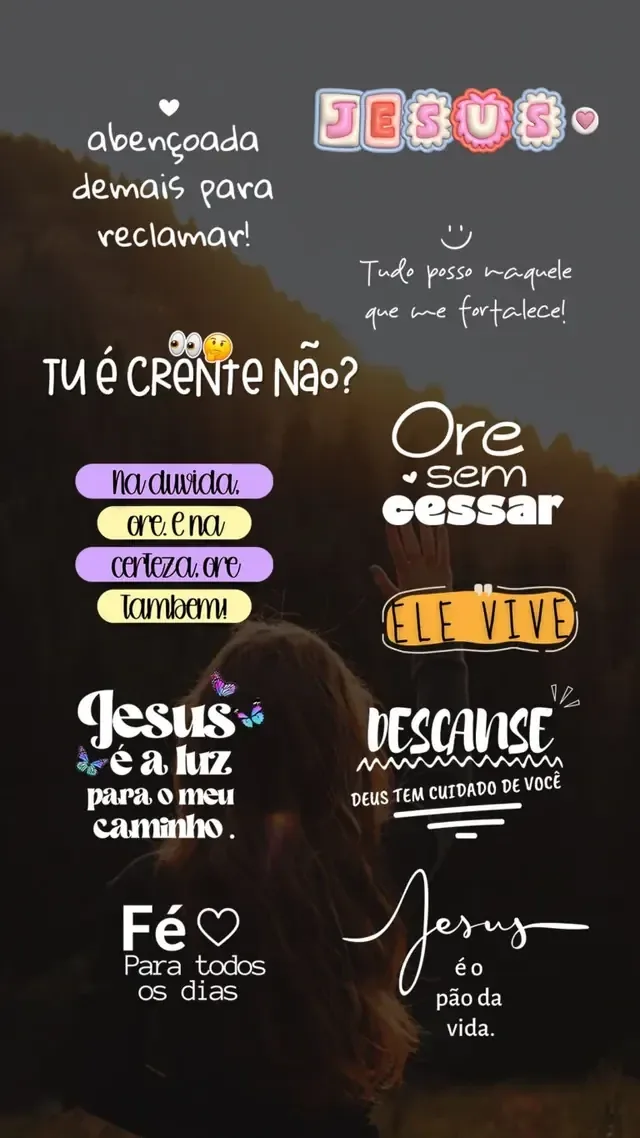 Story com figurinhas cristãs aplicadas sobre uma foto de pôr do sol