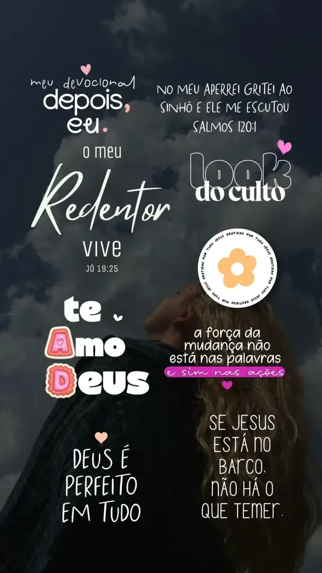 Story com versículos e frases de fé aplicados sobre uma foto de céu nublado
